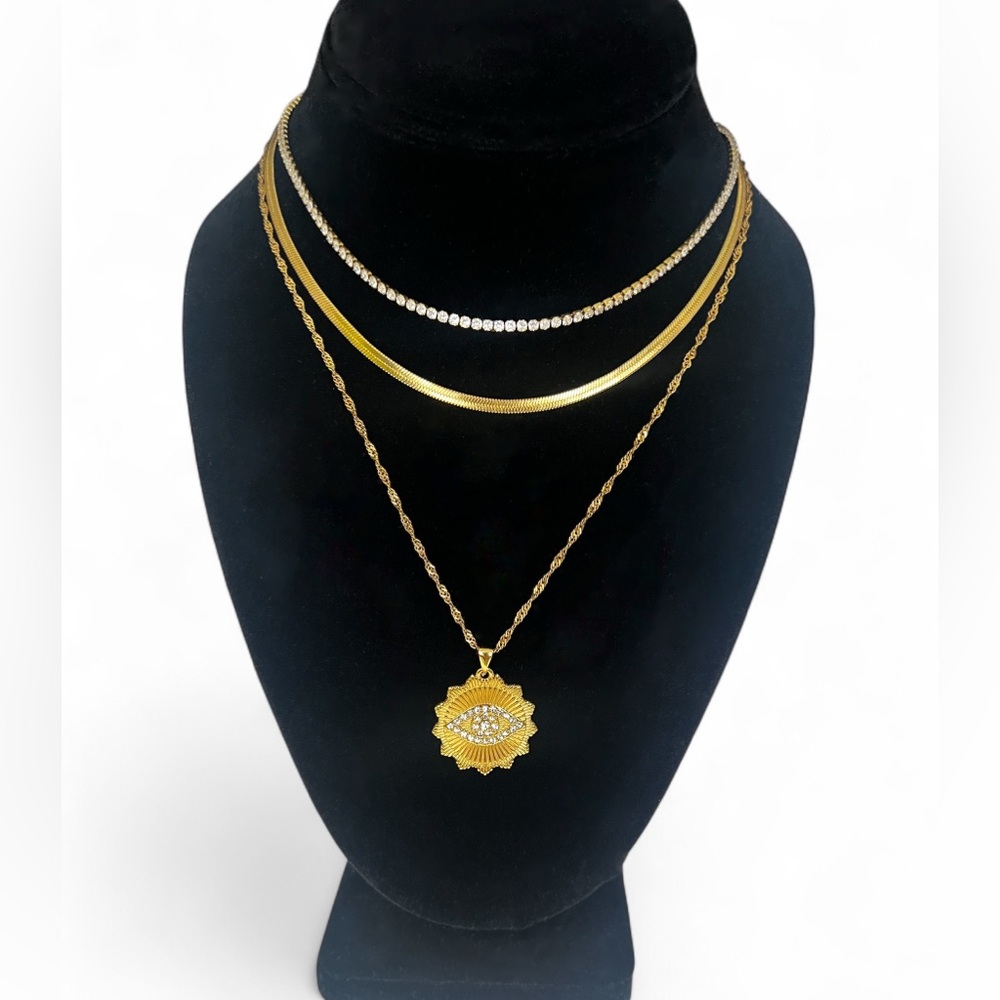 NEW 18K GOLD PLATED TRIPLE LAYERED NECKLACE SET – TENNIS + SNAKE + EYE CHARM